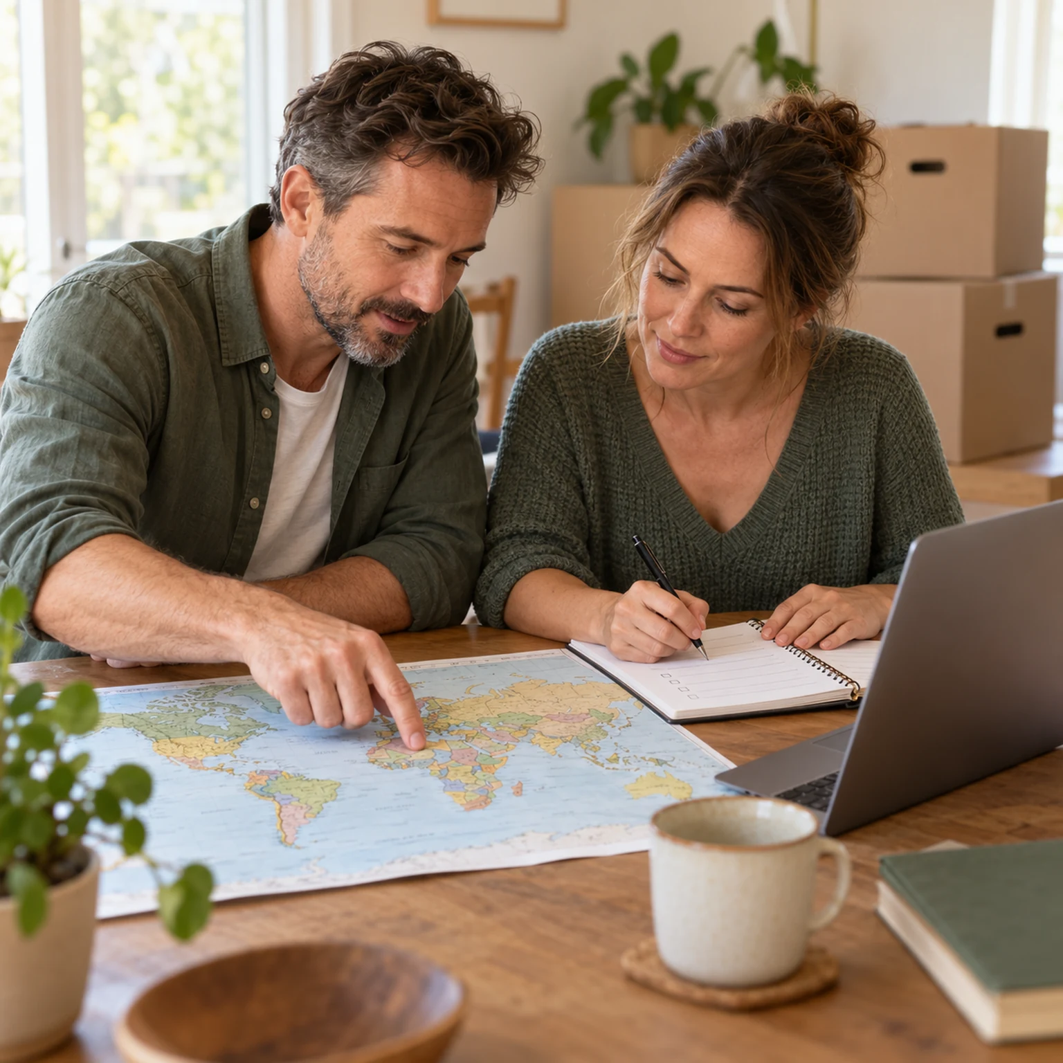 Een stel dat thuis met een wereldkaart, laptop en checklist een verhuizing naar het buitenland voorbereidt